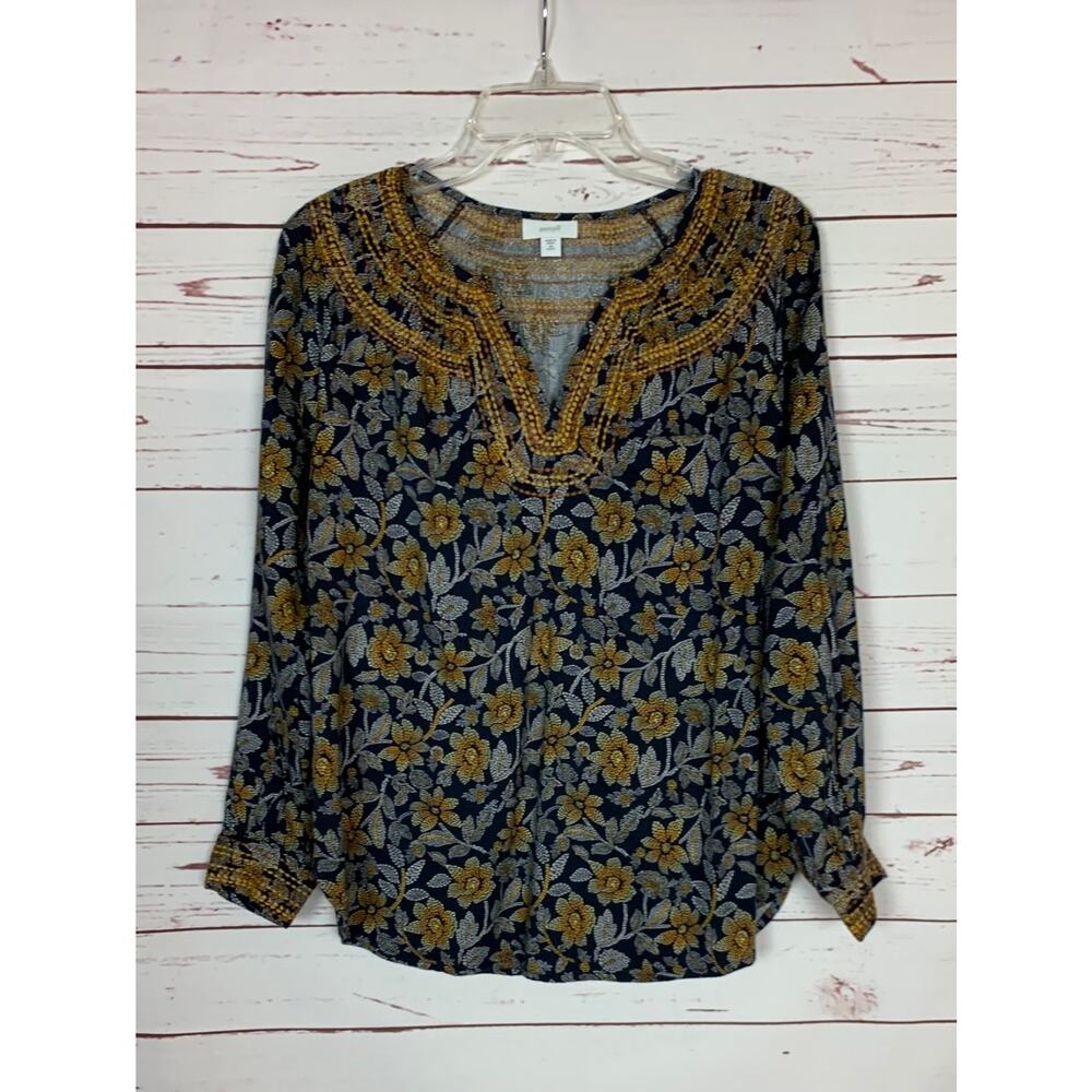 J. Jill Navy Floral Embroidered V-Neck Top